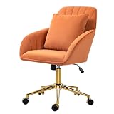 Home Office Desk Chair Comfy with Adjustable Swivel Wheels, Modern Velvet Makeup Vanity Chair with Back & Pillow, Ergonomic Office Chair Computer Task Chair for Living Room, Bedroom, Brown