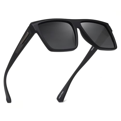 JIM HALO Retro Polarized Sunglasses Men Women Flat Top Square UV400 Glasses for Driving Fishing Hiking Golfing (Matte Black Frame/Polarized Grey Lens)