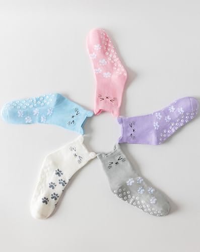 Image of Yawlsow Pilates Grip Socks for Women Cute Yoga Grippy Non Slip Non Skid Cat Socks with Cat Paw Gripper for Barre Workout