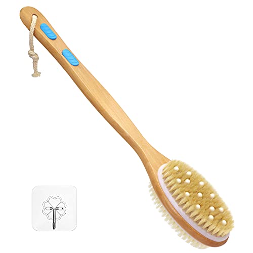 Wonderwin Double-Sided Long Handle Wooden Body Brush with Stiff and Soft Bristles, Back Scrubber for Shower, Exfoliating Brush to Exfoliate & Soften Skin, Dry and Wet Brushing