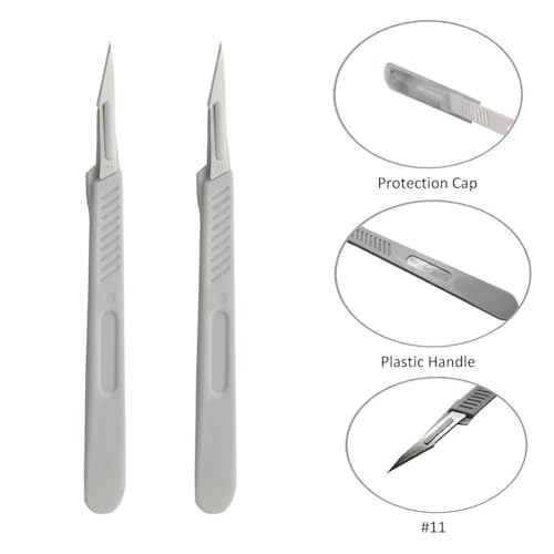 Einweg Kunststoff Chirurgische Skalpellmesser, Einweg Skalpell Klinge, Sterilisierte Einweg-Skalpelle, Einmalskalpelle Figur 11 mit Schutzkappe, Einzeln Steril Verpackt (Weiß,10 Pack)