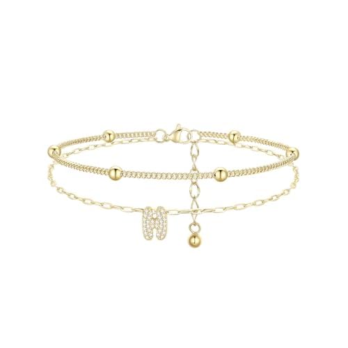 FindChic Initial Anklet for Women, Silver/Gold Plated Layered Beaded Ankle Bracelet with Cubic Zirconia Initial Charm, Adjustable Waterproof Non-Tarni