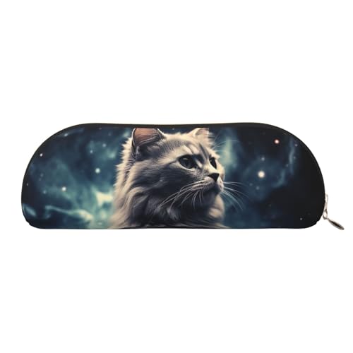 FZQVSLCM ペンケース レザー ペンバッグ 旅行 メイクバッグ 星雲の中の猫 トイレタリーバッグ 携帯コスメバッグ 小銭入れ, ゴールド, One Size