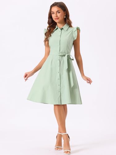 Image of Allegra K Women's Ruffled Sleeve Casual Office Dress Tie Waist Button Down Cotton Shirt Dresses