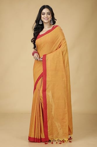 Image of OISHANI SAREE GHOR Women's Traditional Bengal Soild Cotton Handloom Sarees