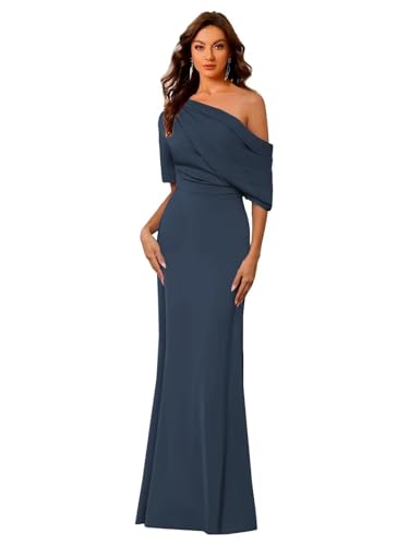 Image of Mermaid Satin Mother of The Bride Dresses for Women Elegant One Shoulder Ruffle Long Formal Evening Gown