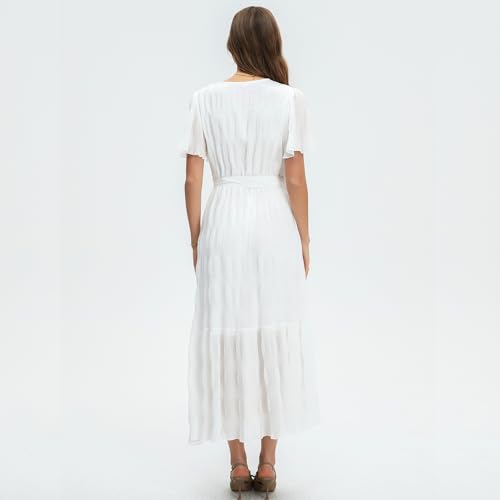Image of Women's Summer Bohemian Floral Chiffon Dress Cap Sleeve V Neck Ruffle Long Flowy Boho Casual Vacation Dresses