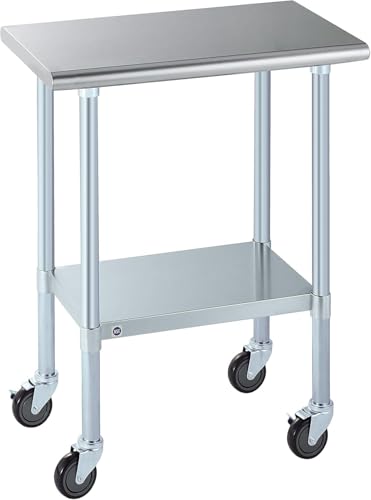 Image of ROCKPOINT Stainless Steel Table for Prep & Work with Caster Wheels 18x30 Inches, NSF Metal Commercial Kitchen Heavy Duty Table with Adjustable Under Shelf and Table Foot for Restaurant, Home and Hotel