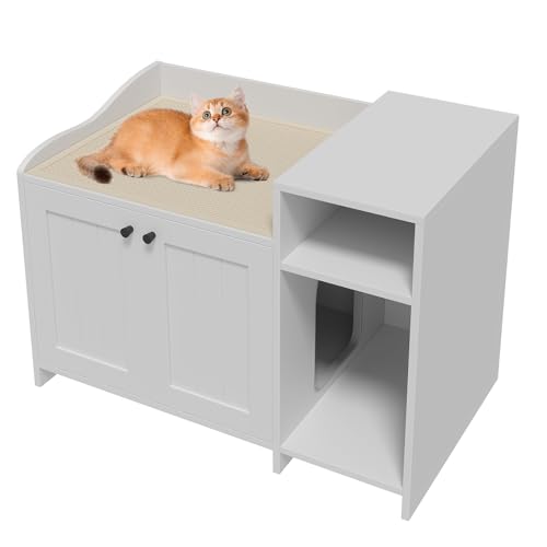 31.5 Inch Modern Litter Box Enclosure Cabinet,Wooden Concealed Litter Box with Vent Door/Side Storage/Drawers and Shelves/Versatile Cat Furniture for Small Items/Top Guard,for All Kinds of Cats