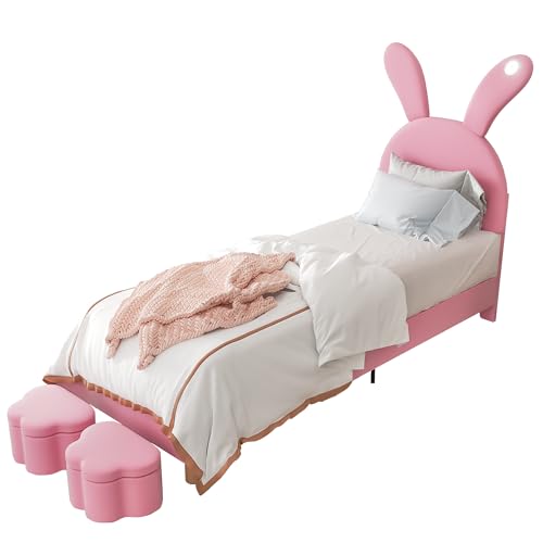 HaoChrymec Cama Tapizada de Terciopelo con LED y Orejas Plegables, 2 Baúles de Almacenaje, Cama Juvenil con Somier y Cabecero Ajustable, Dormitorio Infantil, Rosa, 90 x 200 cm - imagen 8