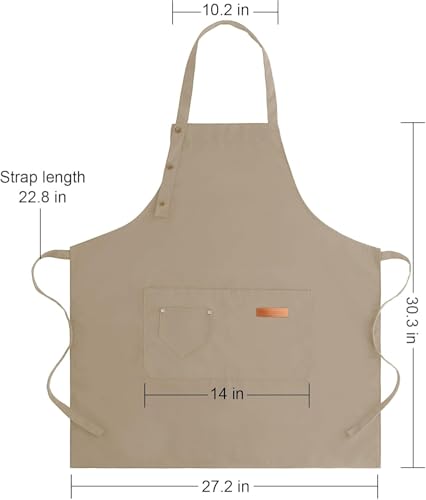 Image of Zollyss Adjustable Canvas Cotton Apron with Large Pockets, Waterproof Bib Apron for Cooking and Kitchen, Beige
