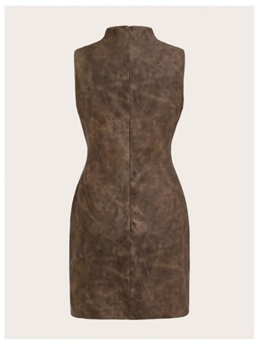 Women's PU Leather Ruched Bodycon Dresses Mock Neck Sleeveless Zipper Mini Tank Dress2