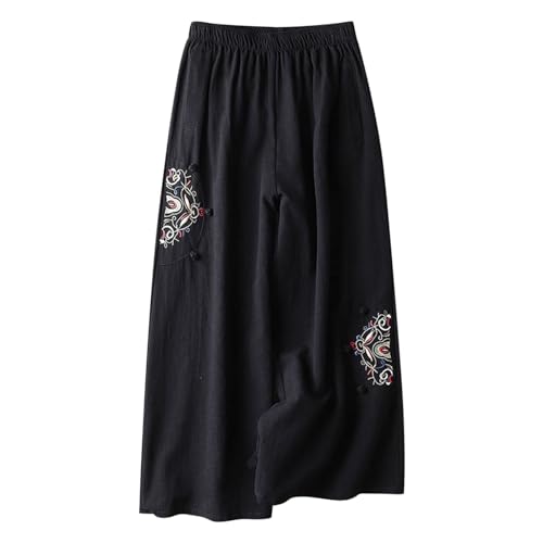 Womens Summer Linen Cotton Pants Floral Embroidery Casual Elastic High Waist Loose Fit Wide Leg Trouser with Pocket