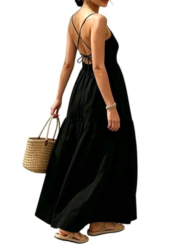 SHENHE Women's Backless Cami Dress Criss Cross Open Back Flowy Tiered Casual Long Summer Maxi Dresses Sundress Black Small