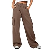 Conjunto casual de talla grande para mujer, pantalones deportivos sueltos de cintura alta con bolsillos, caqui, S