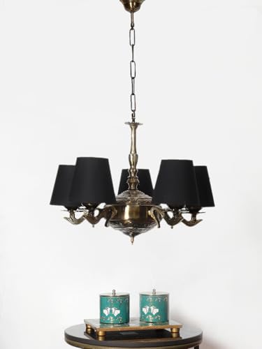 Image of Devansh 05 Lights conical Black Cotton Shade with Antique Golden Chandelier