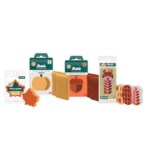 Image of Scotch-Brite Brite Harvest Collection Kit, 8 Piece | 1 Extra Gentle Leafy Clean Kitchen Sponge, 3 Pop Up Dish Sponges That Expand with Water and 4 Dobie Non-Scratch Sponges