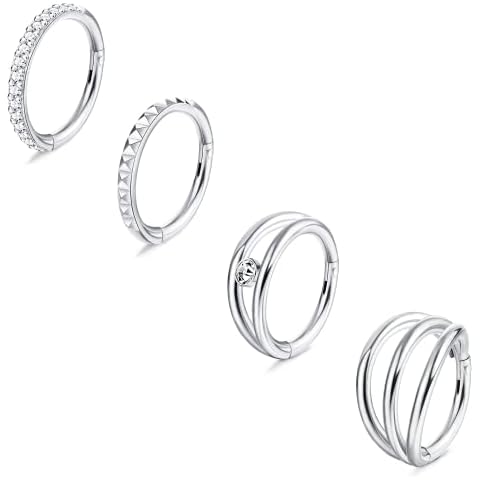 MILACOLATO 4PCS 16G Stainless Steel Nose Rings Hoop for Women Septum Clicker Nose RingsCZ Hinged Segment Septum Lip Nose Rings Helix Cartilage Daith Tragus Earrings Body Piercing Jewelry Cover