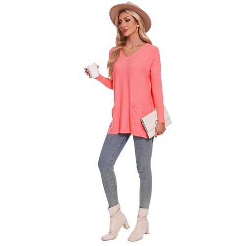 Image of Women's V-Neck Long Sleeve Casual Pullover Tops Loose Fit Lightweight Sweater Pink