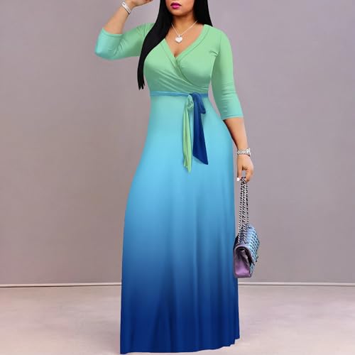 Image of PinkPatty Women's Plus Size Maxi Dress Casual 3 /4 Sleeve Dress with Belt | Soft stretch feel, printed style, flowy A-line fit, v neck, waist tie, side pockets, for vacation, party and daily wear