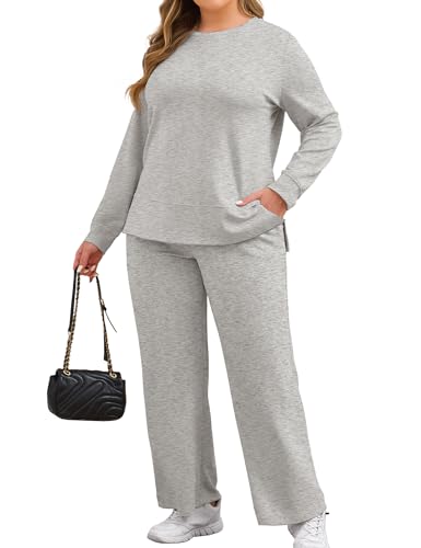 COOTRY Plus Size 2 Piece Lounge Sets Women Side Slit Travel Outfits Fashion Wide Leg Tracksuit Cozy Sweatsuits Grey 4XL