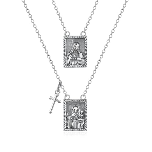 Scapulars Catholic Necklace for Women 925 Sterling Silver Pendant with Stainless Steel Chain Escapularios Catolicos Jewelry with Sacred Heart of Jesus Escapulario De La Virgen Del Carmen