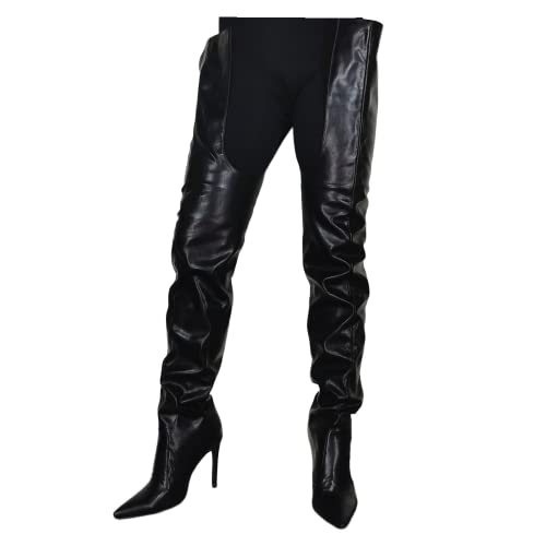 Frankie Hsu Botas de invierno Stiletto por encima de la rodilla, estilo cargo, estilo delgado, hasta el muslo, zapatos de tacón largo y alto, color negro, para mujeres y hombres, Negro -, 40 EU