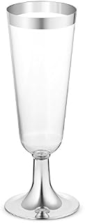 50 Plastic Silver Rimmed Champagne Flutes | 5.5 oz. Clear Hard Disposable Party