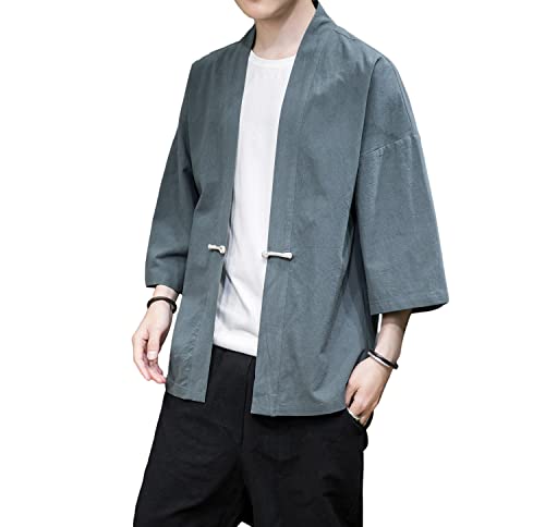 Image of Mens Kimono Cardigan Cotton Linen Japanese Shirt 3 /4 Sleeve Haori Yukata | Skin-Friendly Solid Color Lightweight Shawl Collar Kimono Robe Embroidery Button Tie Pockets Happi Coat All Season Daily Wear