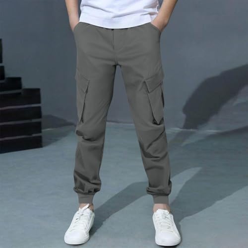 Cargo Pants for Boys Casual Elastic Waist Drawstring Trousers with Multi Pockets Soft Comfy Lounge Sweatpants 6-14Y4