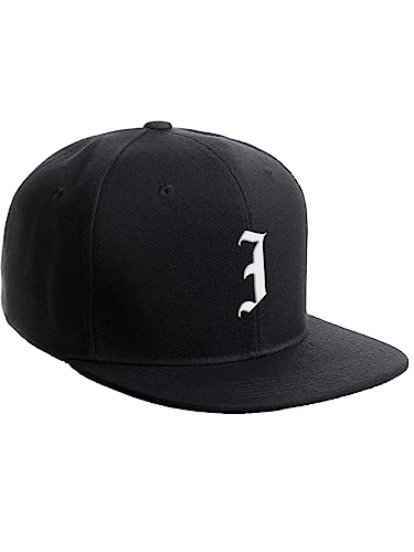 Daxton Classic Snapback Hat Old English Font Alphabet A to Z Flat Bill Visor Cap, Black Hat, White I