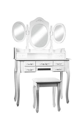 Intirilife Tocador 145x90x40 cm in Blanco Perla – Mesa de Maquillaje con 3 Espejos, 7 Cajones y Taburete Almohadillada Organizador Beauty, Make-Up, Joyas etc. – Mueble Dormitorio Banqueta Joyero
