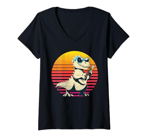 Mujer T-Rex Dinosaur Playing Guitar Funny for Kids Dinosaur Lovers Camiseta Cuello V