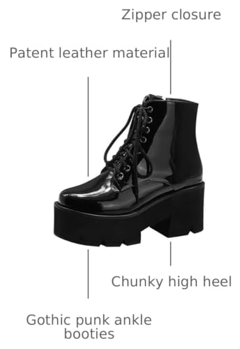 Image of Parisuit Womens Goth Patent Ankle Boots Platform Chunky Combat Boots | Lace Up, Gothic Boots, High Heel, Punk Short Booties, Buckle Boots, Chain Boots