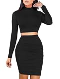 GOKATOSAU Women's Sexy Bodycon 2 Piece Outfits Dress Long Sleeve Crop Top Ruched Skirt Black