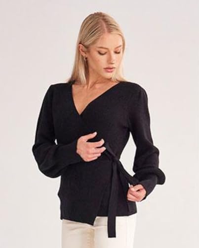 Image of Women's Balloon Sleeves Ribbed Knitted Tie Front Sweater