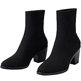 WVBVLO Elastic Sock Boots For Women'S Chunky Heel Stretch Bootie Fashion Knit Almond-Toe Slip On Comfortable Mesh Breathable Block Heel Chelsea Ankle Boots For Fall & Winter (Black,9)