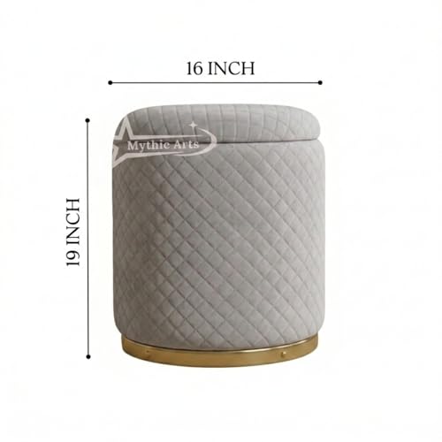 Image of Premium Round Storage Ottoman Stool 16 X 16X 19 inch, with Gold Metal Base | Luxury Pouffe with Hidden Storage | Cushioned Footrest for Living Room, Bedroom & Lounge Grey