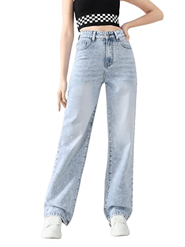 SweatyRocks Girl's Casual High Waist Solid Denim Pants Stretchy Flare Leg Jeans with Pocket Light Blue 8-9Y