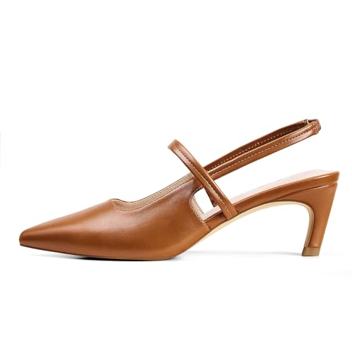 Image of Elisabet Tang Women's Kitten Heel Slingback Low Pumps 3 Inches Stiletto Pointed Closed Toe Elegant Dressy Bridal Wedding Party Shoes