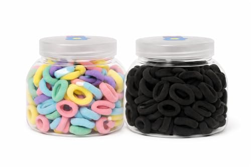 Image of Frescorr (200 pcs) Baby Hair Ties | Soft No-Damage Premium Elastic Mini Rubber Bands for girls | Strong Stretch Ponytail Holders | Daily Use Hair Accessories | (100 Pastel &100 Black)