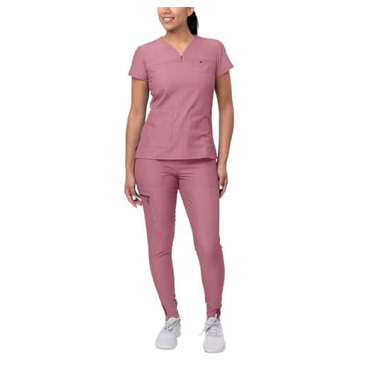 Adar Pro Heather Movement Booster Scrub Set for Women - Sweetheart V-Neck Scrub Top & Yoga Jogger Scrub Pants - P9400H - Heather Wine - S