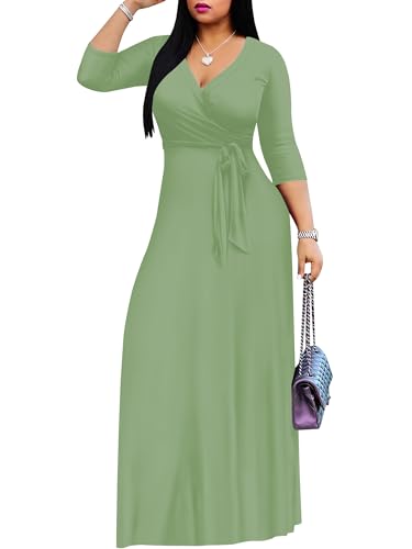 Image of Plus Size Maxi Dress for Women V Neck 3 /4 Sleeve Wrap Dress