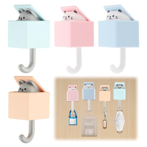 WY LIGHTING LEVEL 4 Packs Creative Adhesive Cat and Mouse Hooks for Wall - Cute Pet Coat Hook for Key, Scarf, Hat, Towel, Bag - Utility Wall Hanging Decorations