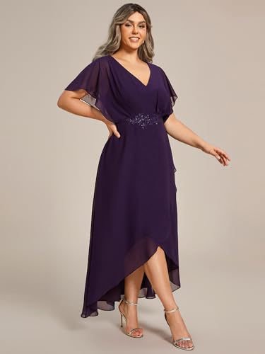 Image of Ever-Pretty Women's Plus Size V Neck Applique Short Sleeve Maxi Formal Wedding Guest Dresses Deep Purple US24