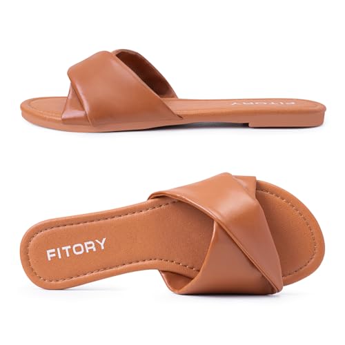 Image of FITORY Women's Flat Sandals Fashion Slides With Soft Leather Slippers for Summer Size 6-11