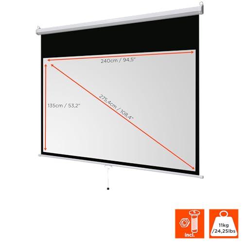 celexon Basic Rollo-Leinwand 110 | 240x135 cm 16:9 | ausziehbare Full-HD 4K Beamer-Leinwand f&uuml;r Heimkino oder B&uuml;ro-Pr&auml;sentationen | Projektionsleinwand geeignet zur Deckenmontage oder Wandmontage