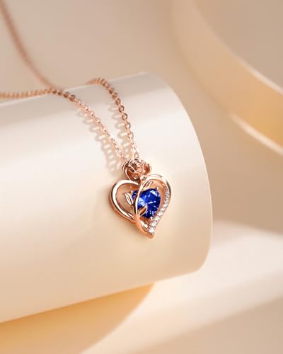 Heart Birthstone Rose Necklace for Women: Genuine 925 Sterling Silver Rose Gold Pendant Dainty Necklace Jewelry Gifts for Christmas Anniversary Birthday Gifts for Her Wife Mom3