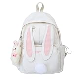 SUFUZEGA Kawaii Bunny Ear Backpack for Girls Teen Women School Daypack for Travel Bookbag with Cute Pendant (White)