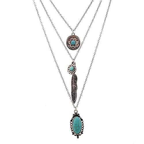 LUREME Vintage Multi Layered Chain Turquoise Stone Flower Metal Feather